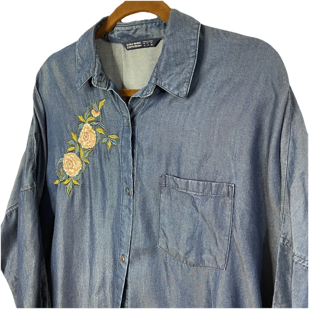 Zara‎ Oversized Batwing Denim Chambray Embroidered Tunic Women's Size M Western - Picture 3 of 10